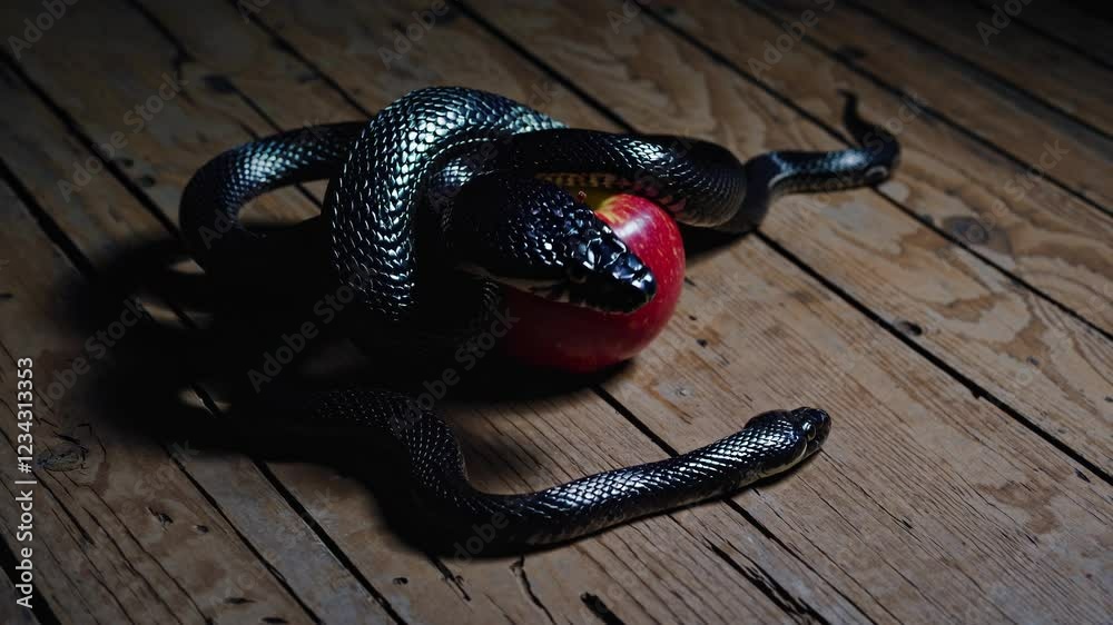 Poster an artistic composition where the black scales of the snake shimmer under dim lighting, contrasting 