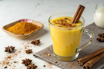 Spicy turmeric drink with a cinnamon stick garnish, spicy turmeric drink, autumn decor