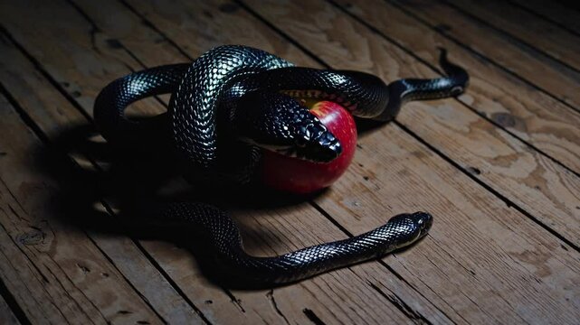 An artistic composition where the black scales of the snake shimmer under dim lighting, contrasting sharply with the vibrant red apple it encircles.