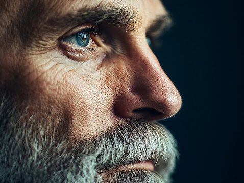 A close-up portrait of an older man with striking blue eyes and a detailed beard, conveying wisdom and depth through his facial features.
