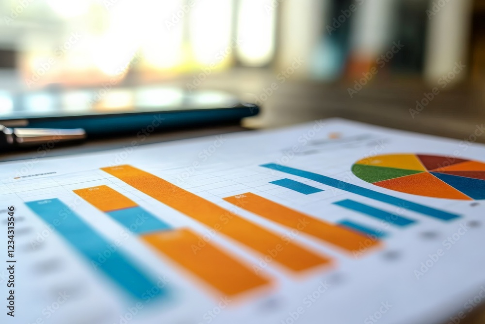 Poster Detailed analysis of quarterly business performance presented through colorful charts and graphs in a modern workspace