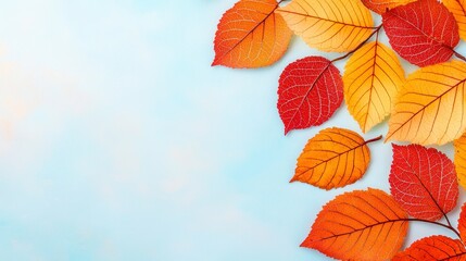 Fototapeta premium Red and Orange Autumn Leaves on Light Blue Background