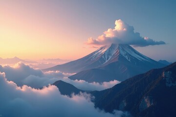 Fototapeta premium Solitary cloud drifts over a mountain range at dawn with misty air, atmospheric conditions, clouds
