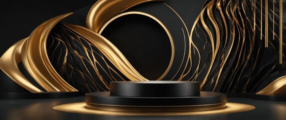 Elegant black and gold abstract display.  Perfect for showcasing products or awards.  Luxurious and sophisticated design.