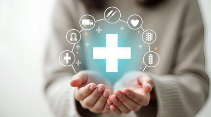 Health insurance health concept. access to welfare health and copy space,Woman hand holding plus with healthcare medical icon on blue sky background