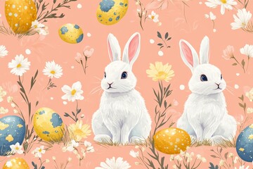 Cute white rabbits with colorful eggs and flowers in a spring-themed design for festive occasions