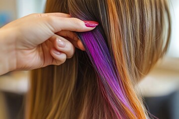 Fototapeta premium A woman having her hair styled in shades of pink and purple, close-up view