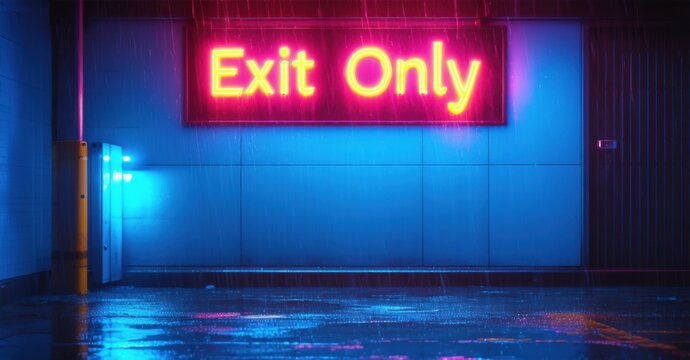 Vibrant neon sign saying Exit Only glowing under heavy rain. The wet surface reflects the pink and yellow hues creating a moody cinematic ambiance in the urban setting