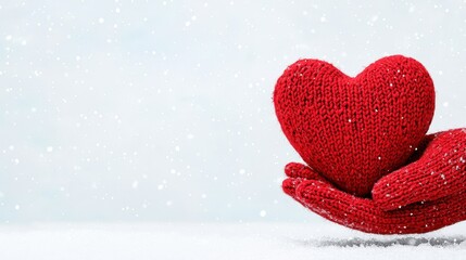 Fototapeta premium Red Knitted Heart in Snow Winter Romance Photography