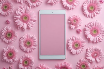 Vibrant pink flowers surround a tablet resting on a pastel pink background, creating a cheerful and inviting atmosphere