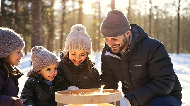 Family Visiting a Maple Syrup Farm Collecting Sap from Trees
