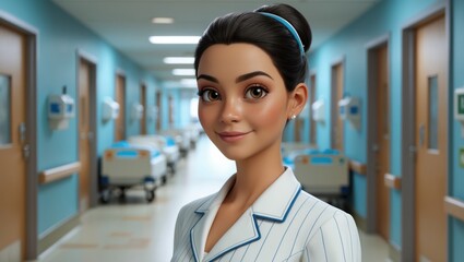 A friendly, animated caregiver smiles warmly in a hospital hallway.  Her cheerful expression conveys care and compassion.