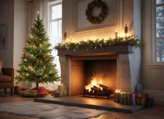 Snowflakes falling around a fireplace with Christmas tree, snow-covered ground, cozy ambiance