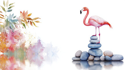 vibrant pink flamingo stands on stacked stones beside colorful foliage, creating serene and...