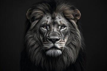 Naklejka premium Majestic lion with striking features poses against a dark background, highlighting its regal presence and intense gaze
