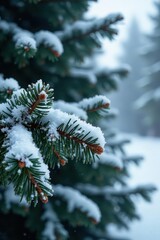Pine tree branches adorned with frosty needles, snow, cold, serene