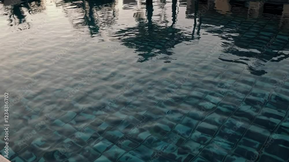 Poster a serene poolside scene at a tropical resort, featuring neatly rolled white towels placed on plush l