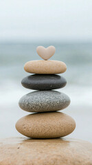 stacked stones on a beach, with a heart-shaped stone balanced on top.