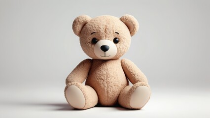 Obraz premium Adorable plush teddy bear sitting on a white background. Soft and fluffy with a friendly smile, perfect for children's themes, nursery decor, and toy advertisements