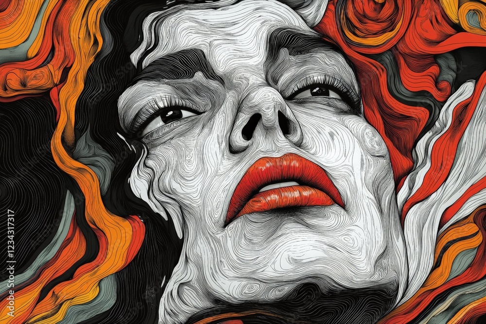 Poster bold abstract representation of a woman's face with swirling colors and striking features in a moder