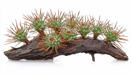 Cactus cluster on driftwood, studio shot, white background, succulent arrangement