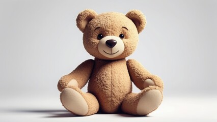 Obraz premium Cute beige teddy bear with a soft plush texture, sitting against a minimalistic white background. Ideal for baby-related designs, gifts, and childhood nostalgia concepts