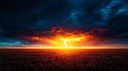 Obraz premium Fiery Sunset with Lightning Strike over Dark Field