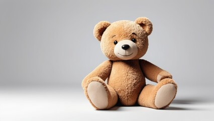 Obraz premium A charming stuffed teddy bear with a gentle expression, sitting alone on a neutral white surface. Perfect for themes of childhood, innocence, love, and nostalgia. Great for gift shops