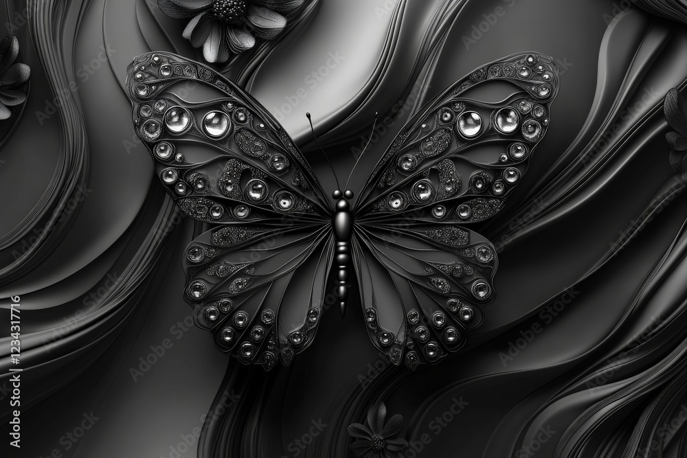 Aufkleber Black butterfly with intricate patterns surrounded by flowers and flowing textures in monochrome setting