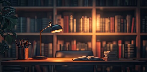 Minimalist dark study room with a modern desk and lamp, books on a shelf, warm lighting, and a blurred background of a home library or office interior. 
