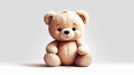 Obraz premium Fluffy teddy bear with a cute face and soft fur, sitting on a clean background. Ideal for children's toys, gift ideas, or cozy home decor concepts