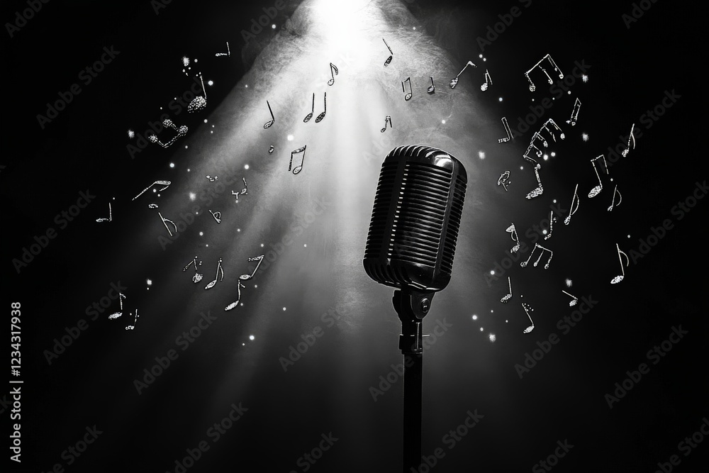 Poster classic microphone illuminated by spotlight with musical notes floating in air during evening perfor