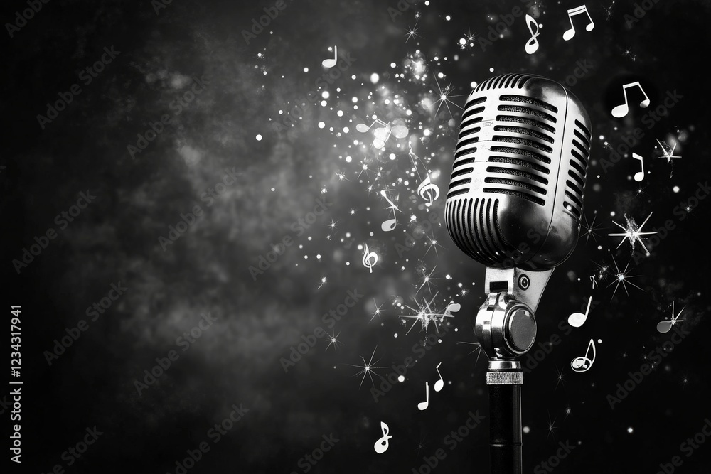 Poster vintage microphone with music notes set against a dark background creates an artistic atmosphere for
