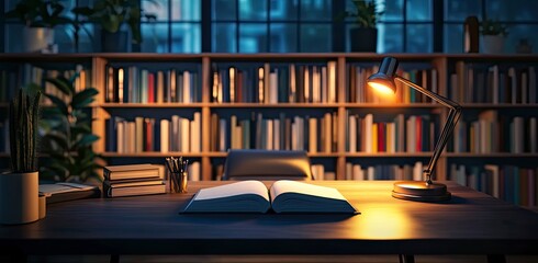 Minimalist dark study room with a modern desk and lamp, books on a shelf, warm lighting, and a blurred background of a home library or office interior. 