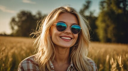 Smiling woman with blonde hair and sunglasses in a golden field.  A sunny day in nature, radiating happiness and warmth.