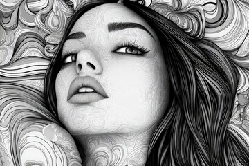 Artistic black and white rendering of a woman with intricate swirling patterns in the background