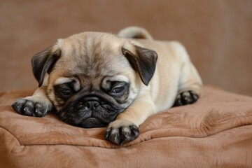 Obraz premium Adorable pug puppy resting on brown cushion