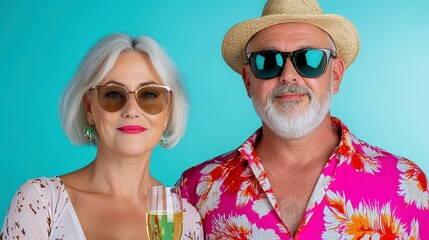 Obraz premium Smiling Senior Couple in Summer Attire on Light Blue Background