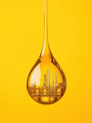 A stunning close-up of an oil drop with an industrial scene inside, symbolizing energy production and environmental concerns.