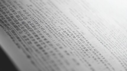 Close-up of a Book's Page in Black and White, Displaying Asian Characters, Creating a Textural and Abstract View