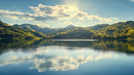 Obraz premium Serene Mountain Lake Reflecting Cloudscape Under Sunlight
