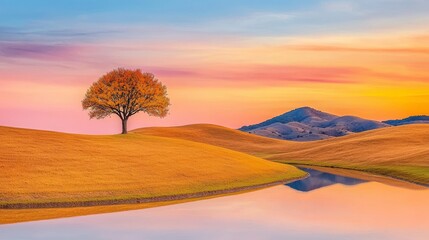 Solitary Autumn Tree by Reflective Lake at Sunset with Distant Mountains