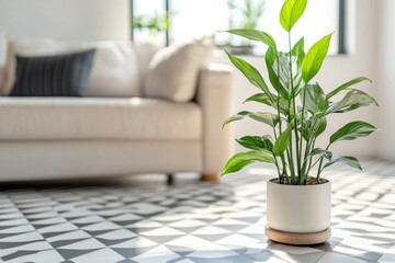A small potted plant sits on a tiled floor in front of a cozy couch, perfect for adding some greenery to a living space or office
