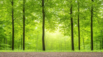 Obraz premium Sunlit Green Forest Path with Tall Trees and Lush Foliage