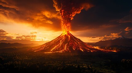Fototapeta premium Fiery Volcano Eruption at Sunset