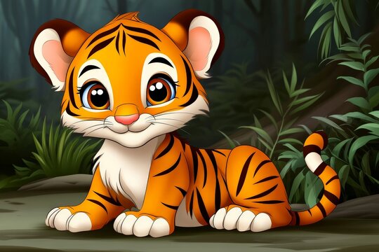 Cute cartoon tiger cub resting in a serene jungle environment surrounded by lush greenery - Powered by Adobe