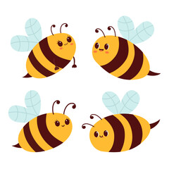 Set of cute bees. Vector illustration of doodle bee in flat style isolated.