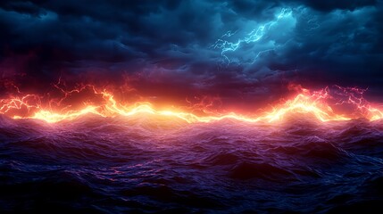 Fiery Waves and Electric Storm Night Ocean Dramatic