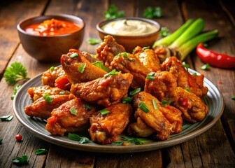Unleash fiery flavor!  Crispy buffalo wings, perfectly seasoned, a platter of pure deliciousness.