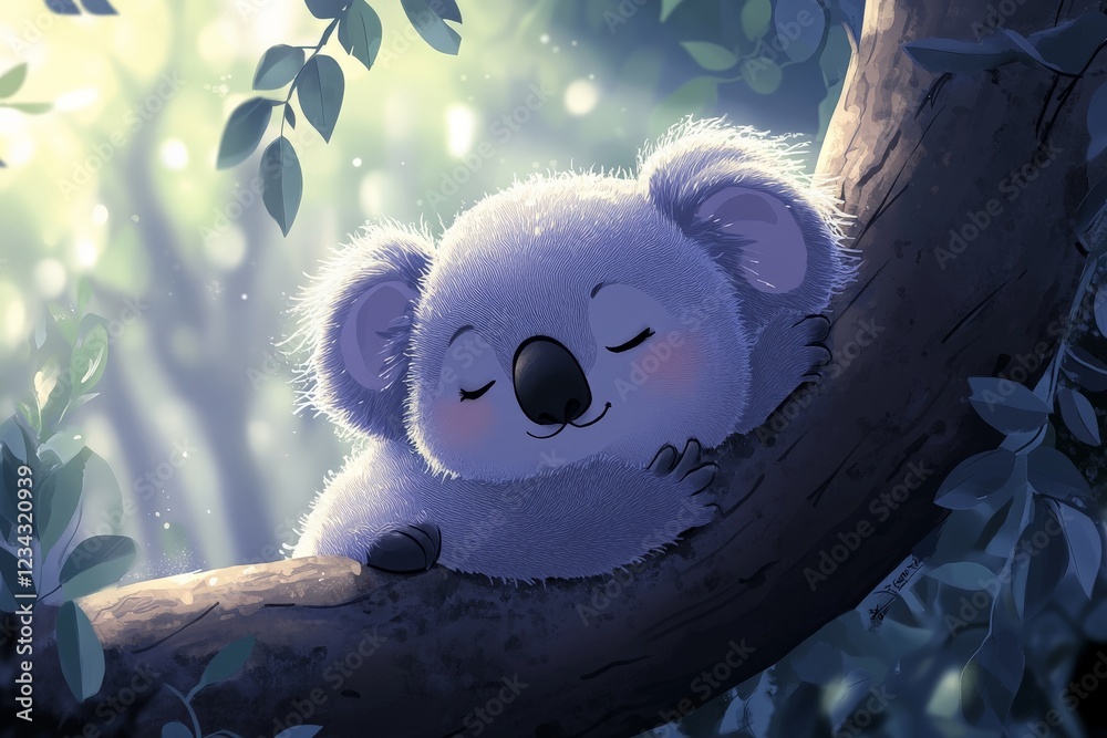 Poster cute koala naps peacefully on a tree branch in a sunny forest glade surrounded by lush greenery and 
